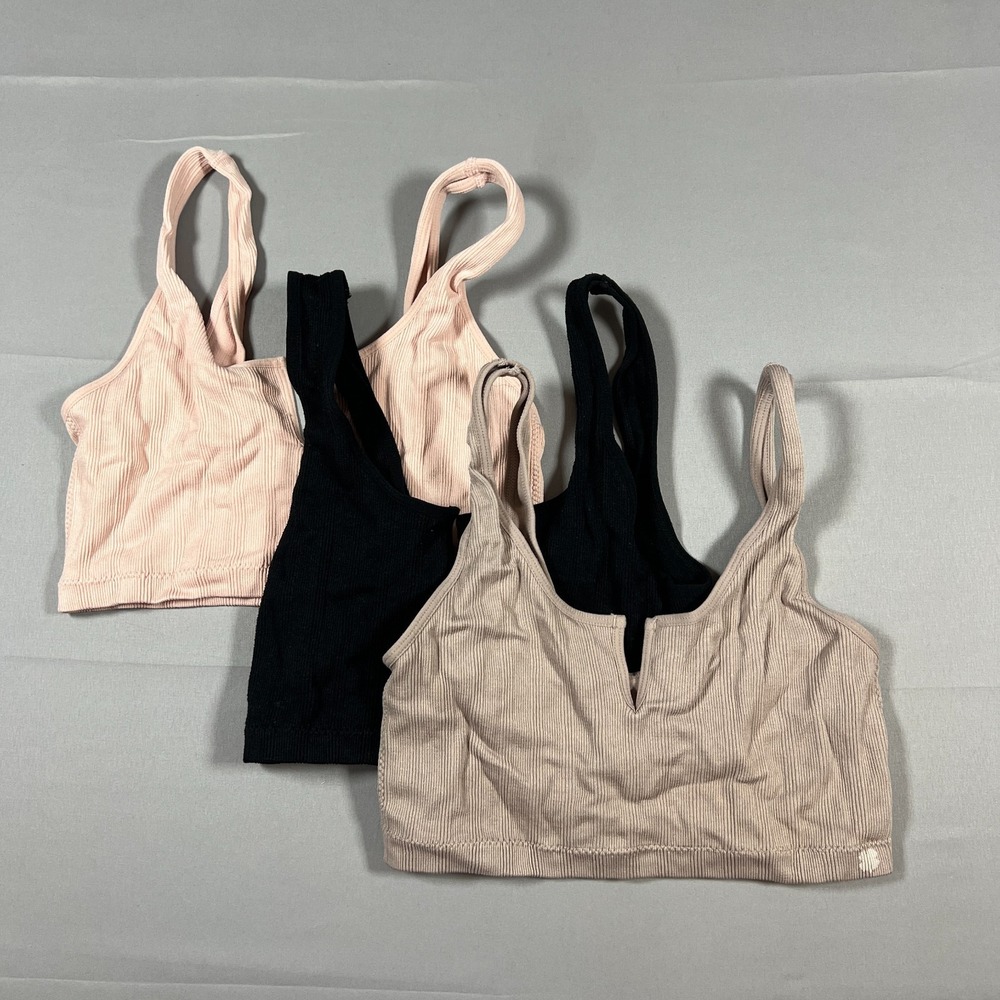 Set Of 3 Lucky Brand Ribbed Seamless Bralette Bra Women L Wide Straps Sleeveless